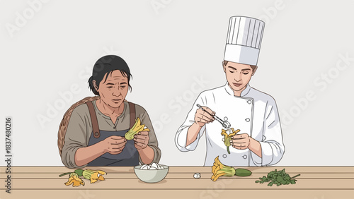 Two people preparing zucchini flowers on wooden table, one in chef uniform, other in apron. Zucchini flowers carefully cleaned and stuffed by professional hands, showcasing cooking skill.