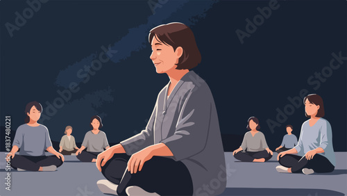 Group meditation session with diverse individuals sitting in tranquil lotus pose, focusing on inner peace. Serene meditation practice for stress relief and mental clarity, fostering calm minds.