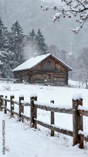Wallpaper Mural A tranquil winter wonderland unfolds as gentle, soft snowflakes continuously descend, blanketing a pristine landscape. In the distance, a rustic wooden log cabin with a snow-covered roof stands nestle Torontodigital.ca