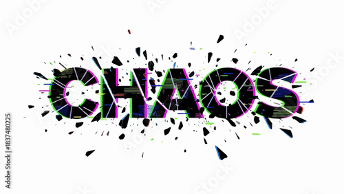 Chaos text with digital glitch effect and shattering fragments on white background. Distorted typography creates visual disruption, showing abstract data noise.