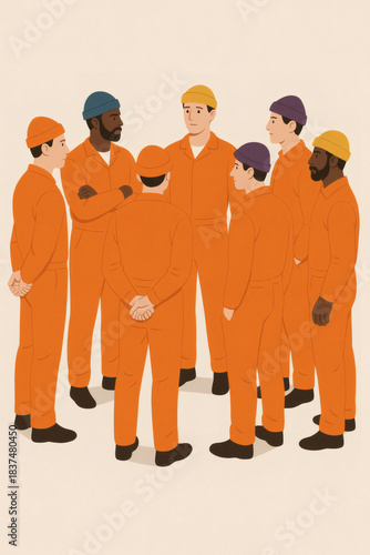 A diverse group of people in orange uniforms and colorful caps stand in a circle, sharing ideas and perspectives in a collaborative environment.