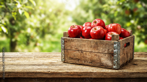 Red apples in a wooden box. Agriculture and healthy food concept