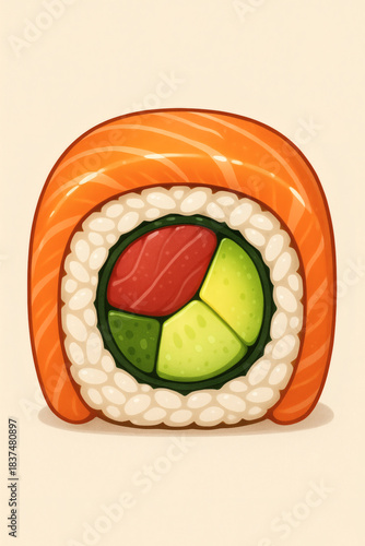 Whimsical sushi roll illustration featuring fresh salmon, white rice and seaweed, segmented with red, green and yellow filling, food art.