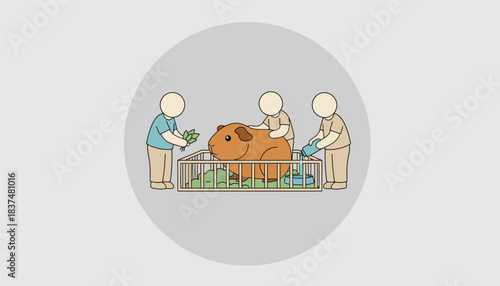 An engaging portrayal of a class pet to represent the rule of caring for classroom animals with students participating in their care routine.