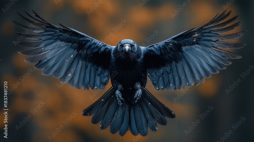 Fototapeta premium A majestic raven, wings fully extended, captured against a vibrant orange backdrop. The image evokes a sense of freedom and power.