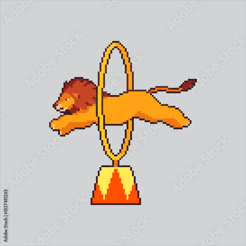 Pixel art illustration Circus Lion. Pixelated Jumping Lion. Circus Jumping Hoop Lion Icon pixelated for the pixel art game and icon for website and video game. old school retro.