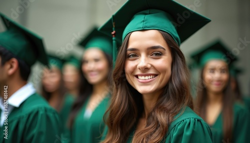 Graduates in green robes and caps smile for cameras. Young women and men celebrate commencement day. Future success and education milestone achieved by students.
