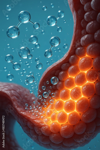 A microscopic view of cells with associated molecules, illustrating a biological process or reaction, showcasing cellular activity.