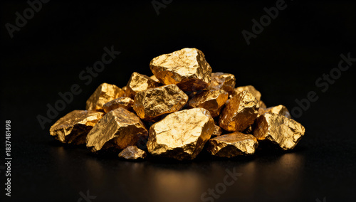 Heap of gold. Pile of raw gold stones and golden nuggets on black background. Rising gold price, trading and financial business concept.