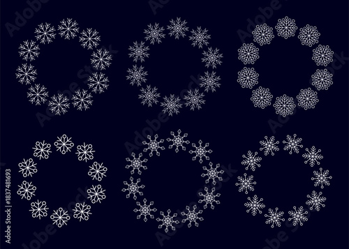 Set snowflake frame. Winter snowflake round border. for Christmas and New Year, Cards and banners. Holiday decoration isolated on white background.
