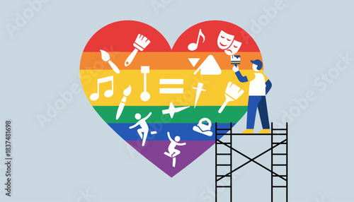 A street artist painting a mural of a large rainbow heart showcasing the importance of love and arts in the LGBTQ+ community.