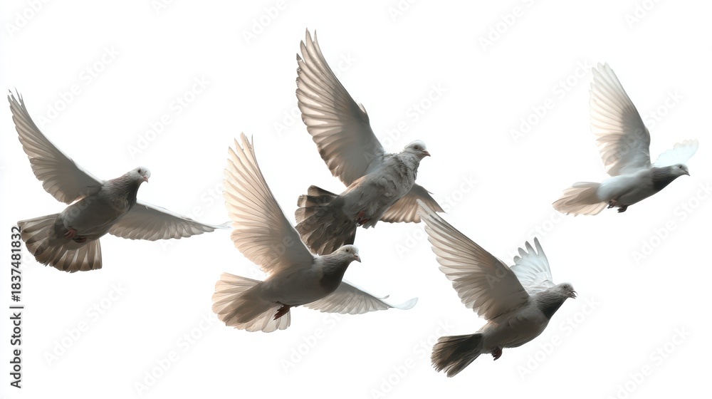 Obraz premium A group of white birds is captured gracefully flying together in a clear blue sky. Their wings are spread wide showcasing their beauty as they move in unison.