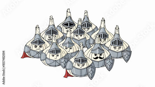 Whimsical garlic knights illustration, a group armored and ready for action. Each garlic knight features shiny helmet, shield, and red cape, showing determination.