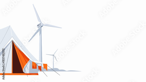 White glamping wind turbines setup against clean background. Spacious glamping wind turbines provide sustainable energy for modern outdoor experience.