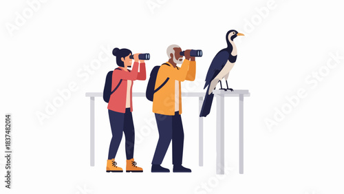 Flat illustration of people enjoying bird watching, observing a cormorant through binoculars. Couple engaging in outdoor activity, focused on wildlife.