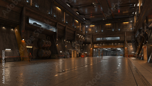 Huge futuristic military hangar interior. Dark moody sci-fi background. 3D rendered illustration.