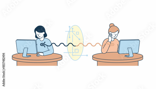 A couple participating in an online counseling session each at their own computers sharing vulnerabilities in a virtual environment.