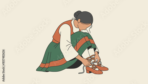 A dancer seated tying the laces of traditional shoes lost in concentration symbolizing the preparation and dedication behind the art of folk dance.
