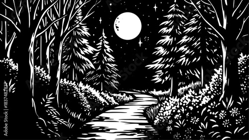 Very beautiful moonlit path winds through a shadowy forest, glowing softly beneath a bright full moon. A mystical nighttime scene filled with quiet atmosphere, deep silhouettes, and enchanting woodlan