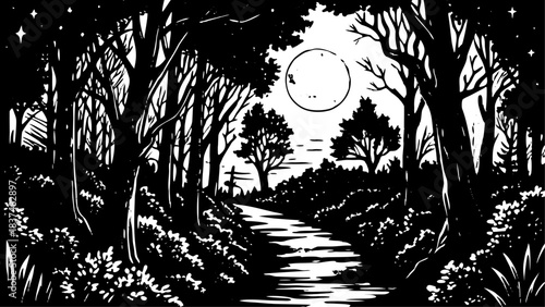 Very beautiful moonlit path winds through a shadowy forest, glowing softly beneath a bright full moon. A mystical nighttime scene filled with quiet atmosphere, deep silhouettes, and enchanting woodlan