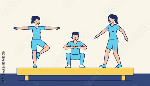 A group of athletes practicing balance drills on a stable surface to improve proprioception and prevent falls.
