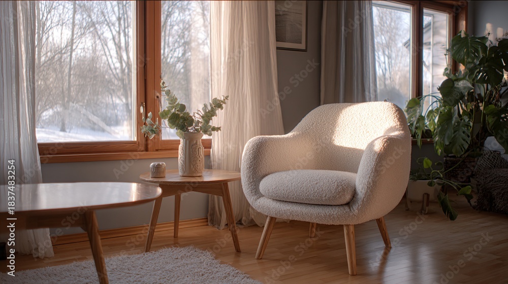 Fototapeta premium Cozy winter morning light streams through sheer curtains, illuminating a minimalist living space with a soft, curvy armchair and wooden accents