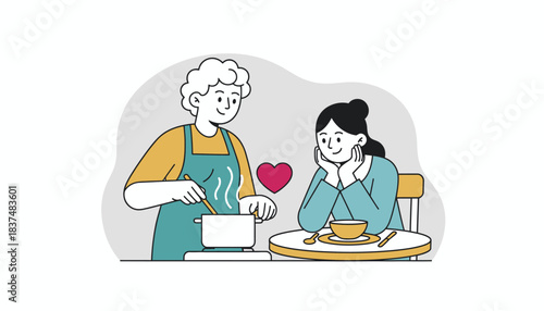 A partner cooking a favorite meal for the other highlighting the love language of acts of service through nurturing actions.
