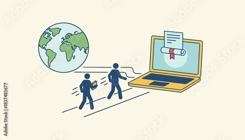 An animated visualization showing a pathway leading to an open laptop symbolizing the accessibility of online diploma programs from anywhere.