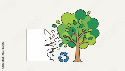 A paper sheet transforming into a tree demonstrating paper recycling and environmental restoration.
