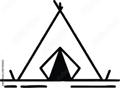 Simple black and white illustration of a teepee tent camping outdoors adventure concept.