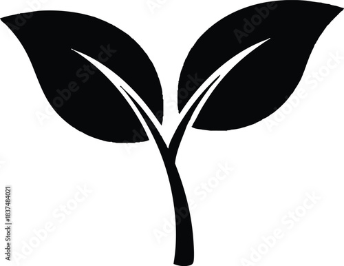 Simple black and white illustration of two leaves sprouting from a stem representing growth.