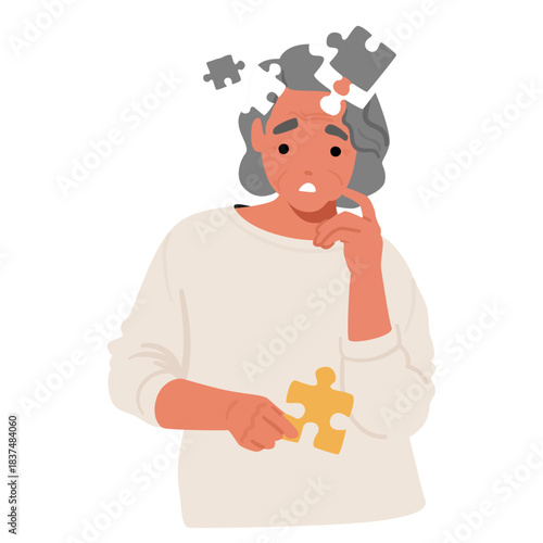 Elderly woman cartoon character suffering from memory loss missing metaphor jigsaw puzzle pieces