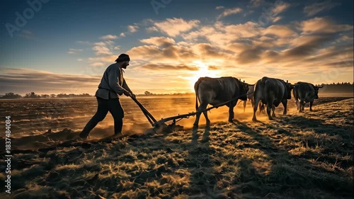 Man plowing farm field with oxen at sunrise. Historical agriculture and hard work concept footage.