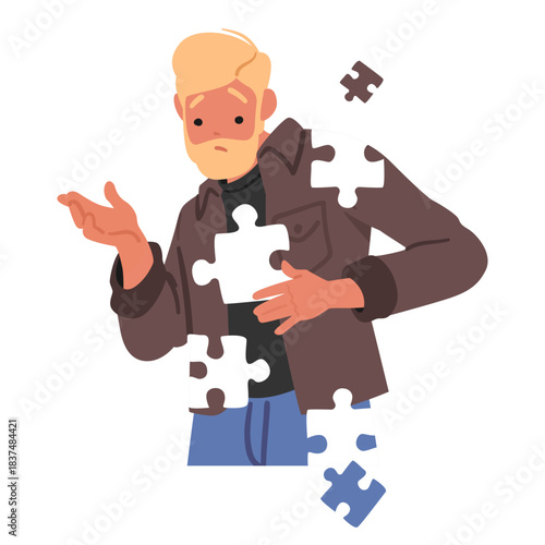 Young man cartoon character lost himself feeling confused by missing metaphor jigsaw puzzle pieces