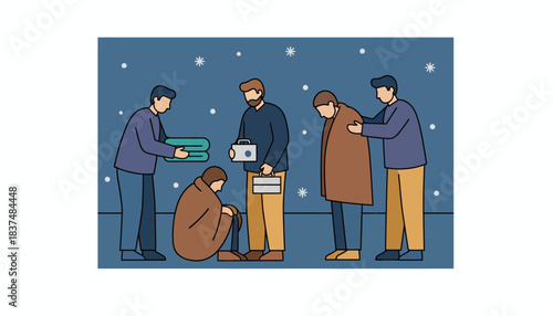 A homeless outreach program where volunteers distribute blankets and hygiene kits on a cold evening showing empathy and care.