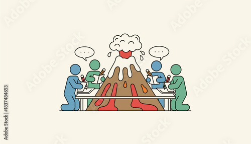 A handmade volcano model erupting with baking soda and vinegar surrounded by enthusiastic onlookers taking notes.