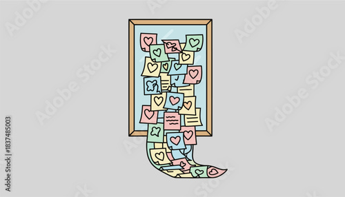 A cascade of sticky notes filled with loving messages adorning a mirror signifying words of affirmation in daily life.