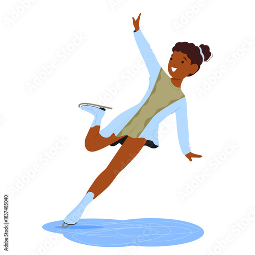 Charming talented girl child cartoon character expressively figure skating participating in ice show