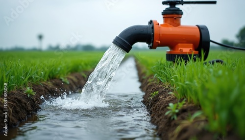 Water flows from orange industrial pump through black pipe into irrigation ditch. Stream irrigates vibrant green farm field with young crops in rows. Shows modern agriculture water supply management