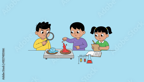 A team of kids observing the effects of heat on different materials p on a warming plate taking notes on their transformations.