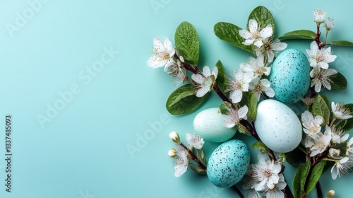 Easter eggs in various shades of blue and green rest among delicate white flowers and green leaves on a soft blue surface highlighting the joy of springtime celebrations.
