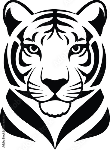 Striking black and white tiger face portrait with intense gaze and stripes.