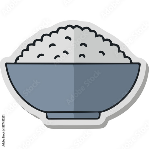 A Blue Bowl Filled With White Fluffy Rice Presented In A Flat Design Style With A White Outline On A Transparent Background