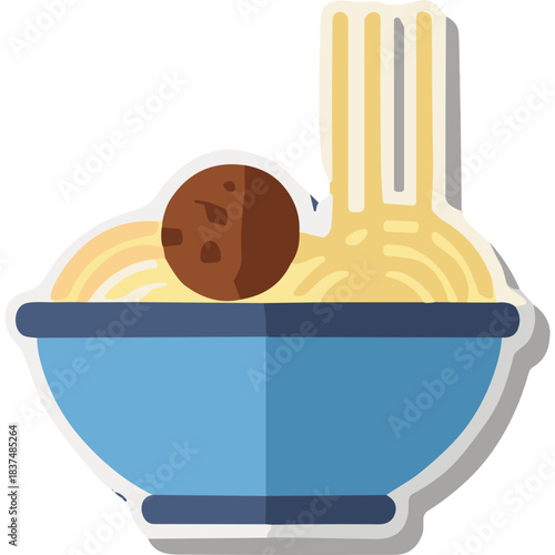 A Blue Bowl Filled With Yellow Spaghetti Topped With A Brown Meatball With A Fork Holding The Spaghetti In A Flat Design Illustration