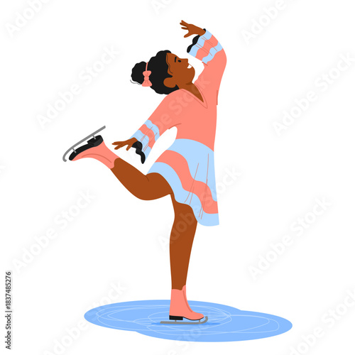 Little girl child cartoon character figure skating showcasing gracefulness in dance move on ice rink