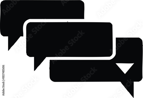 Three black speech bubbles representing communication and dialogue on a white background.