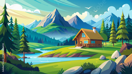 Very beautiful mountain landscape features a cozy cabin perched on a green hillside beside a winding river, surrounded by fresh forest, bright meadows, and peaceful natural scenery in pure tranquility