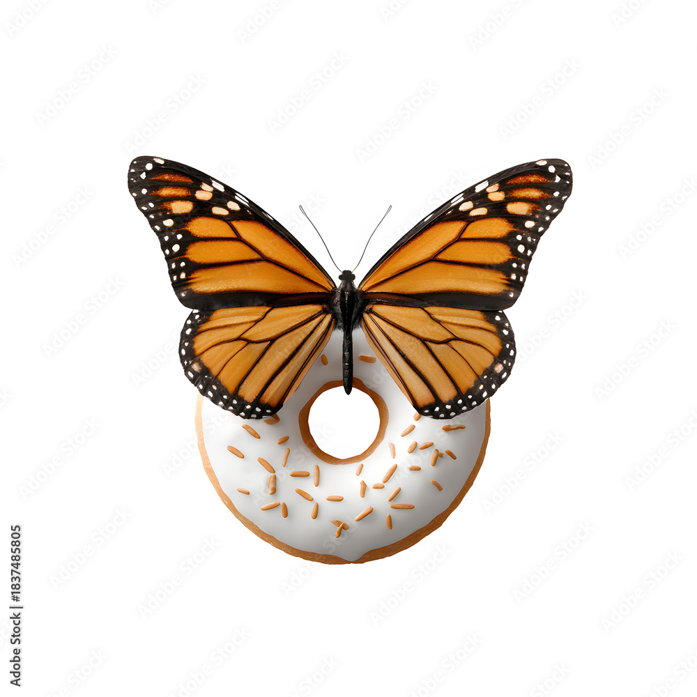 Obraz premium Monarch butterfly sitting on white glazed donut with sprinkles isolated on white background, creative food concept top view