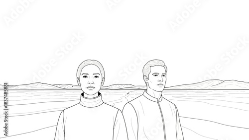 Line Art Drawing of Two People Standing in a Vast Landscape with Mountains and Water illustration