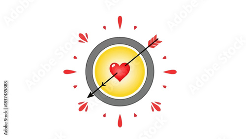 Red heart pierced by an arrow in a target with radiating red splatters love romance